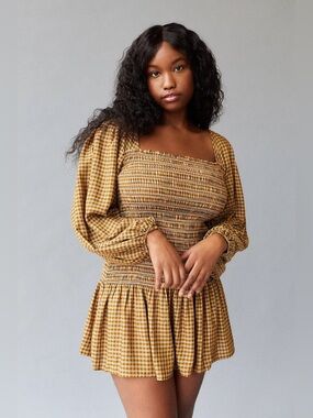 Urban Outfitters UO Francis Smocked Checkered Plaid Long Sleeve Mini Dress XS